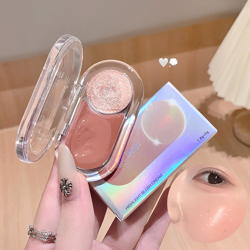 Hand holding a blush cream with a close-up of a person's face showing blush application.