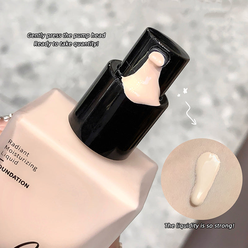Foundation bottle with pump head and liquid sample on a blurred background