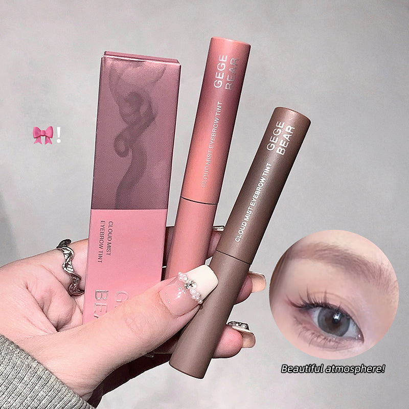 Three GEGE BEAR eyebrow products held by a hand, with an inset of an eye wearing the product.