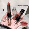 Hand holding a lipstick and lip gloss with 'GEGE BEAR' branding, close-up of lips painted with the product.