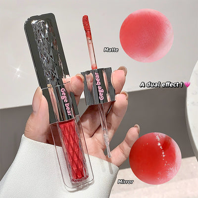 Lip gloss with 'Gegg bear' branding held in a hand, showing 'Matte' and 'Mirror' effects.
