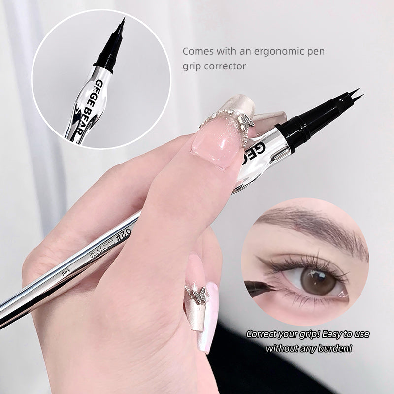 Eyebrow pen with ergonomic design and correction capabilities, held by a hand.