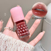 Lipstick with pink cap held by a hand, close-up of lipstick on lips, and brand name 'Gege bear' visible.