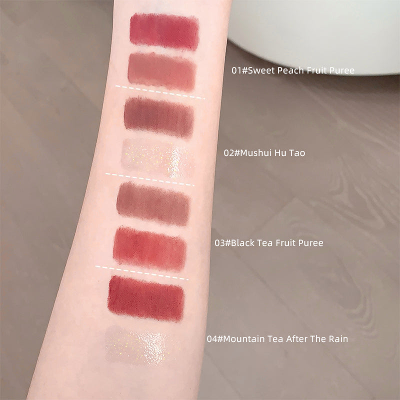 Lipstick swatches on a arm with color names and codes