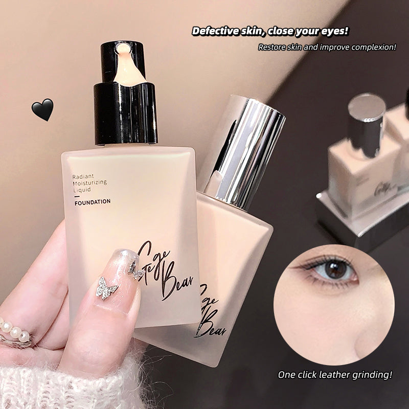 Cosmetic foundation bottles with a close-up of an eye and text about skin improvement.