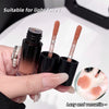 Three black cosmetic tubes held by a hand, with a close-up of a light-skinned hand and a small inset showing a light face.