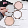 Compact powder with three color options held by a hand on a white background