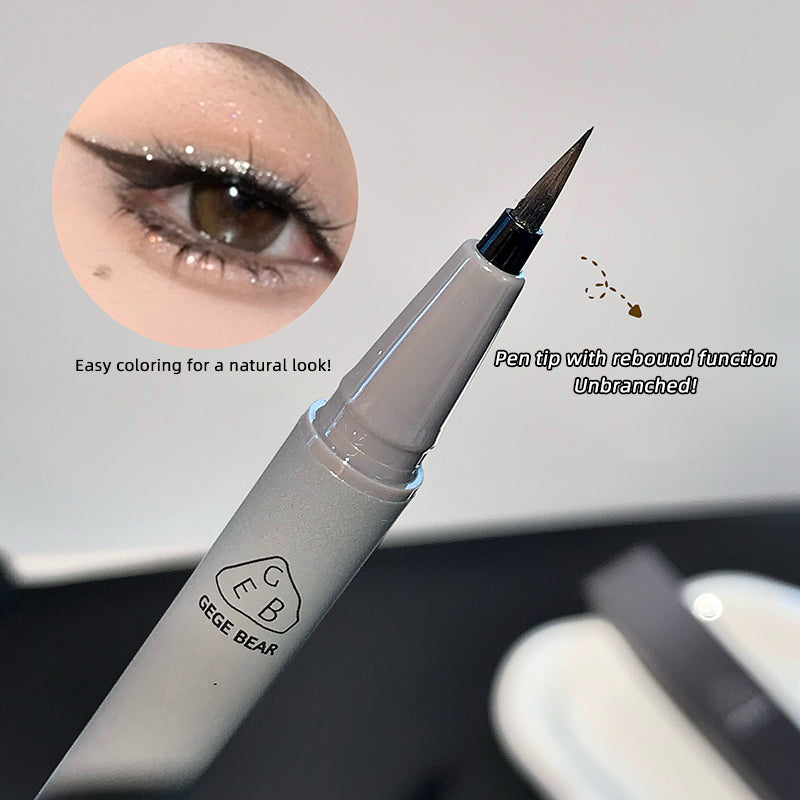Eyeliner pen with close-up of eye and text highlighting features, branded 'GEGE BEAR'.