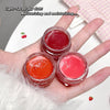 Three small jars of red and pink lip balm on a hand with text about moisturizing.