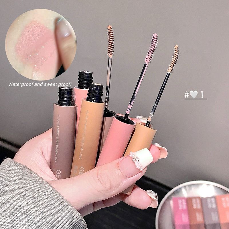 Hand holding multiple mascara tubes with close-up of waterproof and sweat-proof feature.