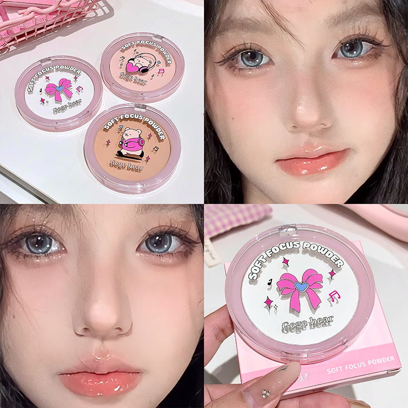 Collage of a pink compact powder with a cartoon character, applied to a person's face.