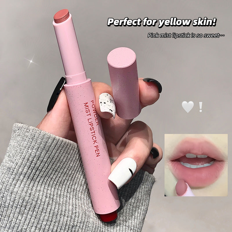 Pink lipstick pen held by a hand with a gray sleeve, labeled 'Perfect for yellow skin!'.