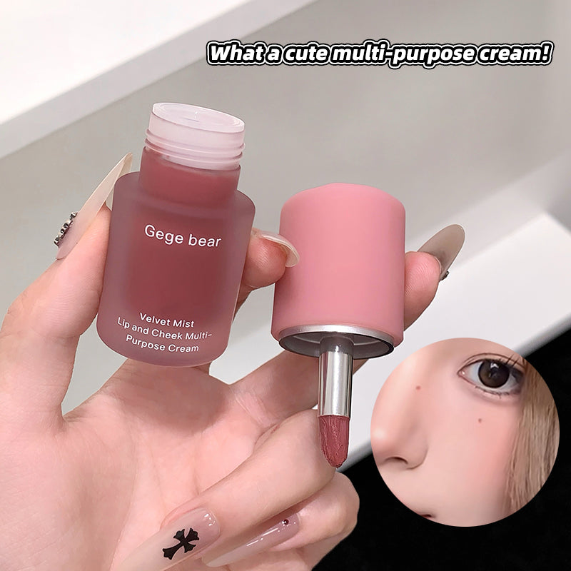 Hand holding a pink multi-purpose cream with a close-up of an eye and a face.