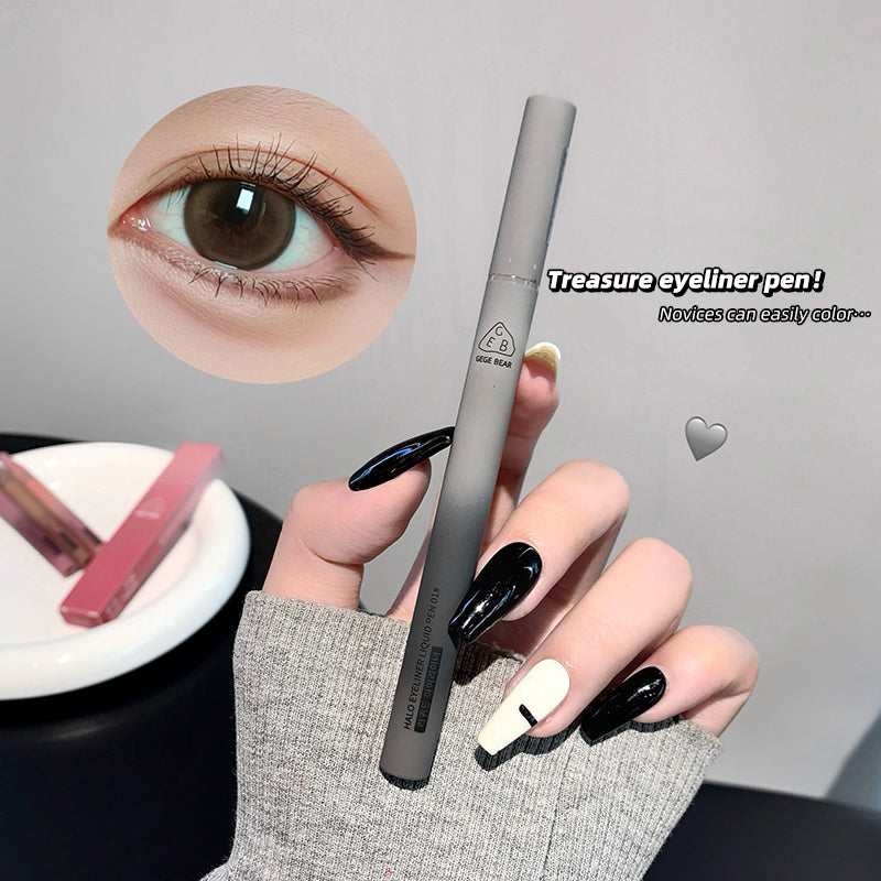 Hand holding a treasure eyeliner pen with an inset of an eye and text about the product.