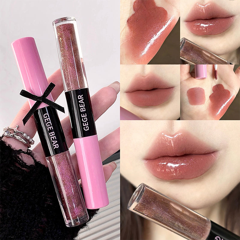 Pink lip gloss with 'GEGE BEAR' branding, applied on lips and swatched.