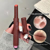 Lipstick with pink brown shade held by a hand, close-up of lipstick color swatch, and lip application.