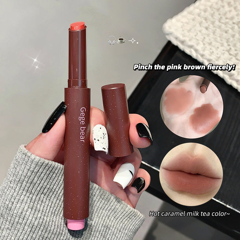 Lipstick with pink brown shade held by a hand, close-up of lipstick color swatch, and lip application.