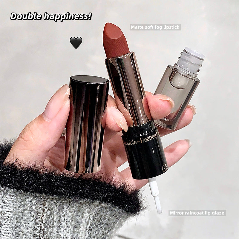 Hand holding two lip products with text 'Double happiness!' and product names.