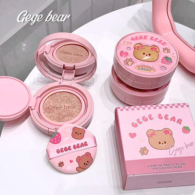 Pink cosmetic products with bear design and 'Gege bear' branding on a white surface.