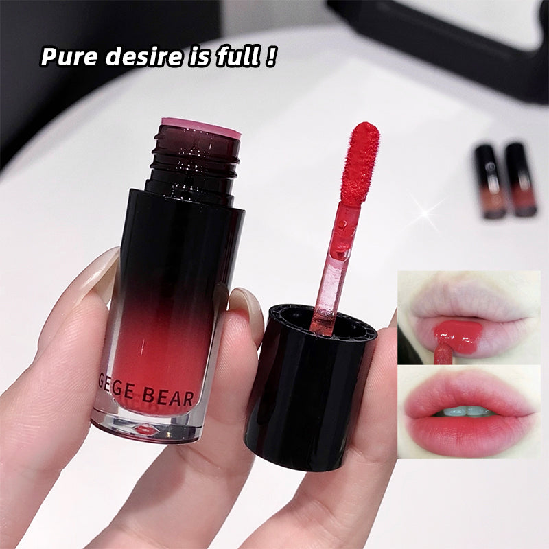 Lipstick and lip gloss with 'GEGE BEAR' branding, held by a hand, with close-up shots of lips wearing the product.