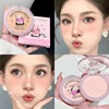 Makeup product with cartoon character packaging and close-up of a person applying it.