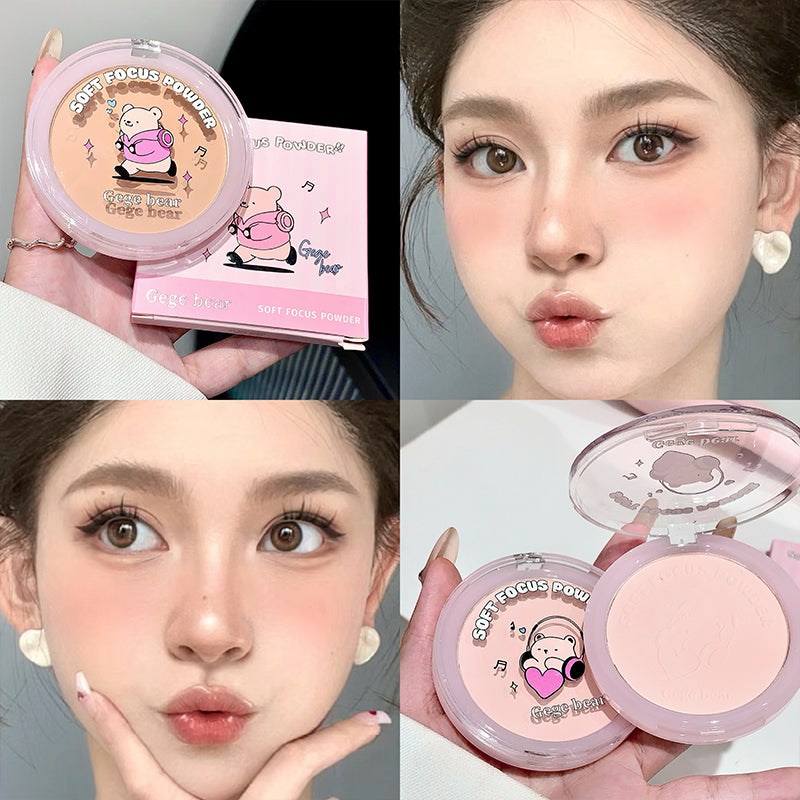 Makeup product with cartoon character packaging and close-up of a person applying it.
