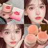 Collage of a makeup product with packaging and application on a person's face.