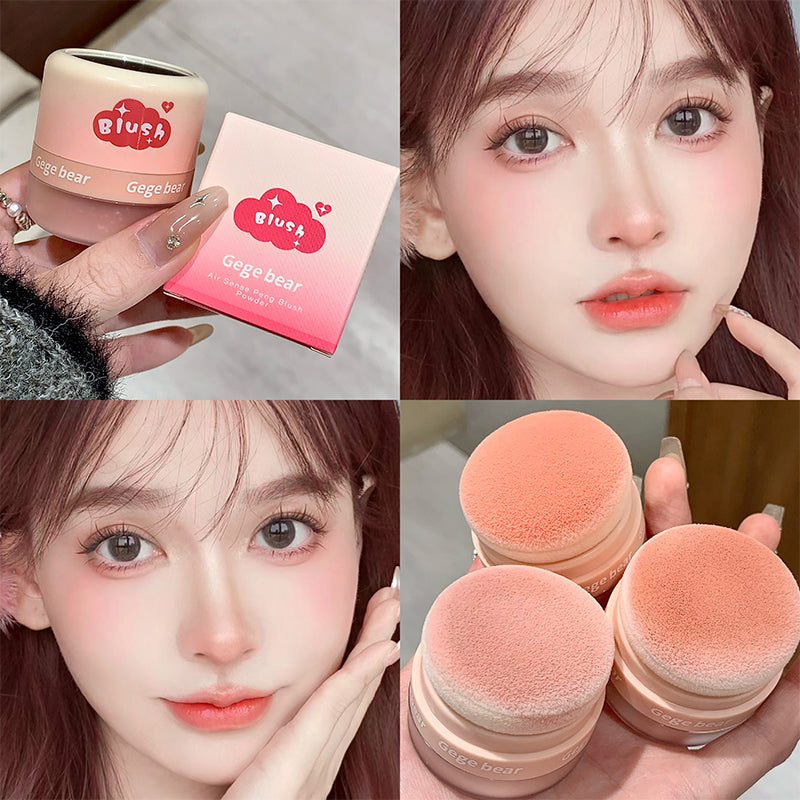 Collage of a makeup product with packaging and application on a person's face.