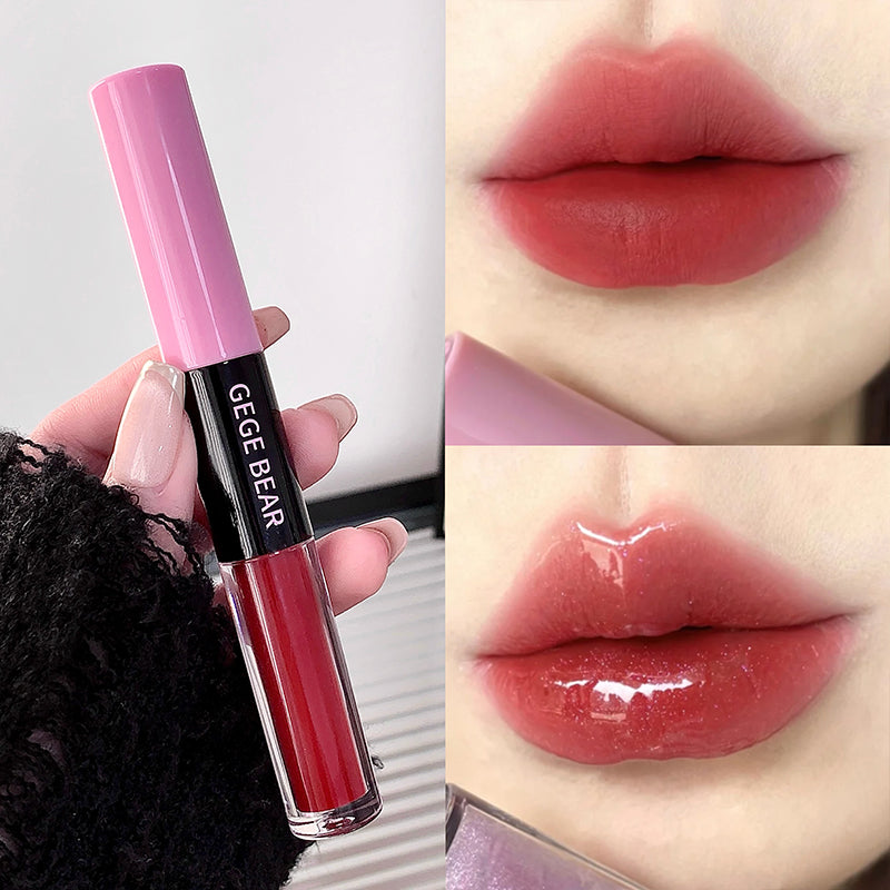 Lip gloss with pink cap and red liquid, applied on lips