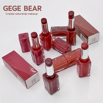 Red lipsticks and lip glosses with 'GEGE BEAR' branding on a white background