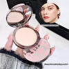 Compact powder with a mirror held by a hand, next to a close-up of a woman's face with text overlay.