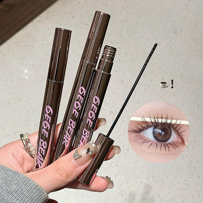 Three bottles of GEGE BEAR mascara held by a hand, with an inset showing an eye wearing the mascara.