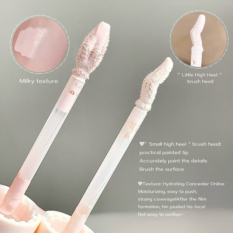 Two makeup brushes with detailed text on a gray background