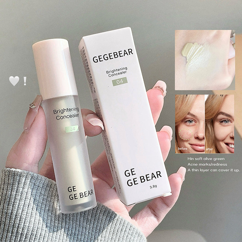 Hand holding a GE GE BEAR brightening concealer bottle and box with before and after effects on skin.