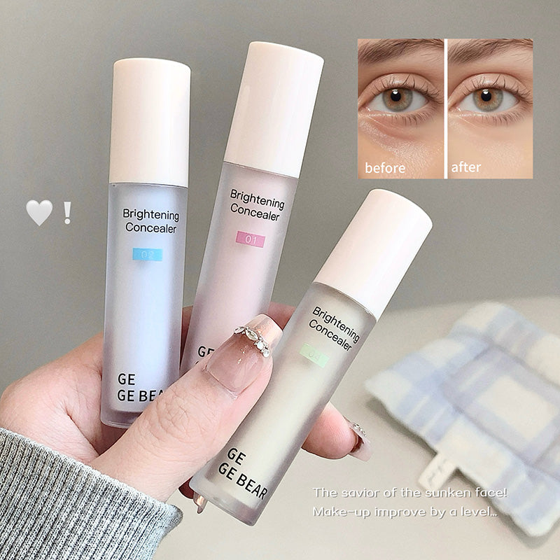 Three GE BEAR brightening concealers held by a hand, with a 'before' and 'after' eye comparison on a gray background.