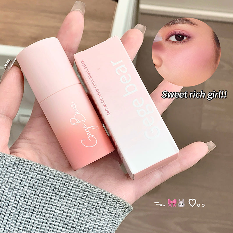 Hand holding a pink lip balm with 'Jesq'oe' branding, close-up of a person's eye with makeup, and text 'Sweet rich girl!!'.