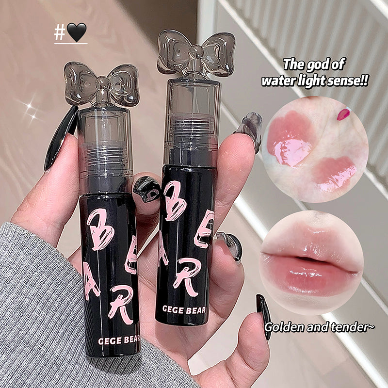Two black lip products with 'GECE BEAR' branding held by a hand, surrounded by close-up images of lips.