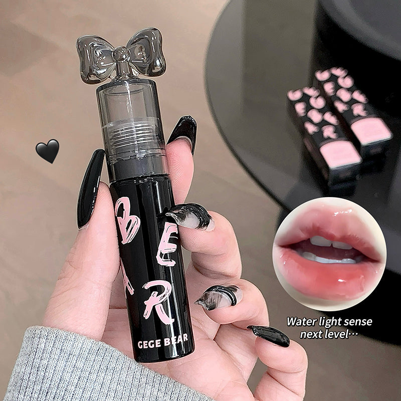 Lip balm with 'CECE BEAR' branding held by a hand, close-up of lips with product application, and additional lip products in the background.