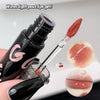Lip gloss with applicator and close-up of lip color on a white background