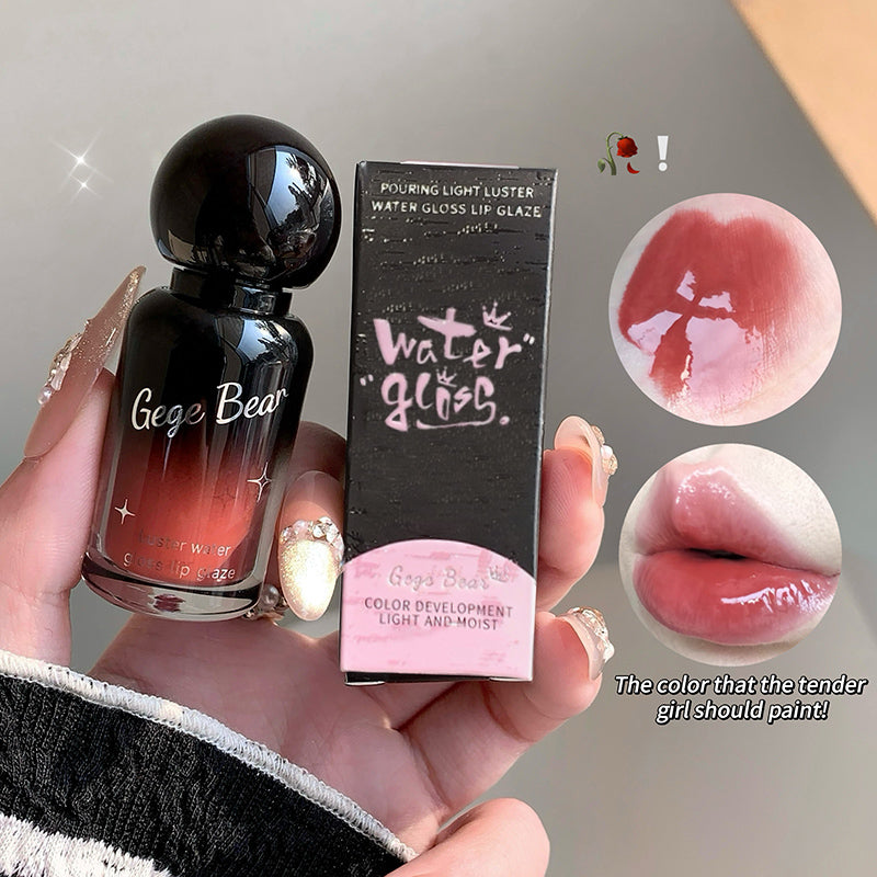 Lip gloss packaging with 'Gege Bear' branding and product images on a neutral background