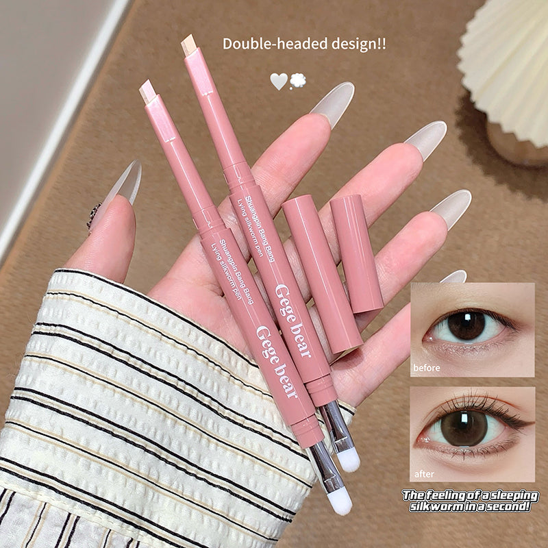 Pink lip liner pencils with white caps held by a hand, showing 'before' and 'after' eye makeup effects.