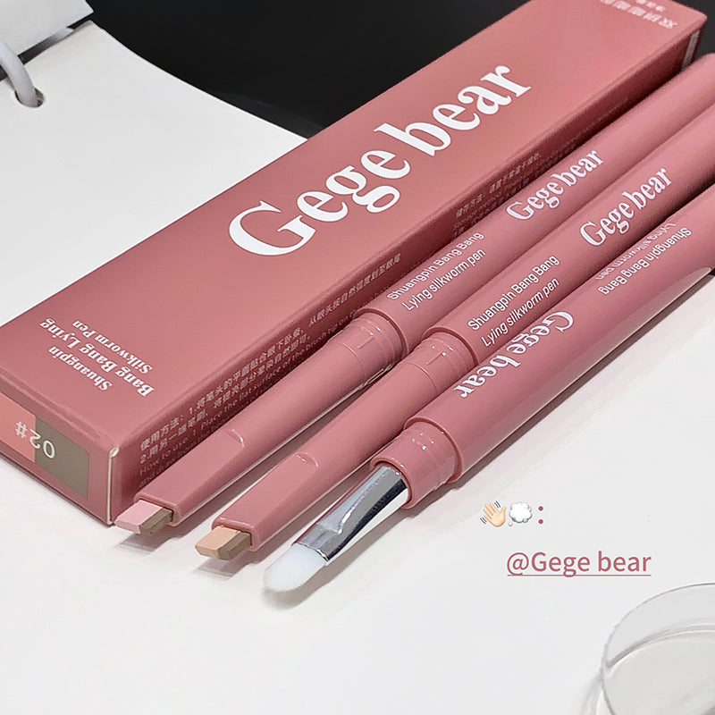 Pink lip liner with applicator and 'Gegebear' packaging on a white surface