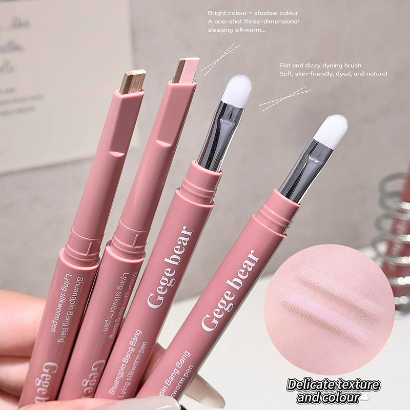 Set of pink makeup brushes with 'Gege bear' branding on a neutral background.