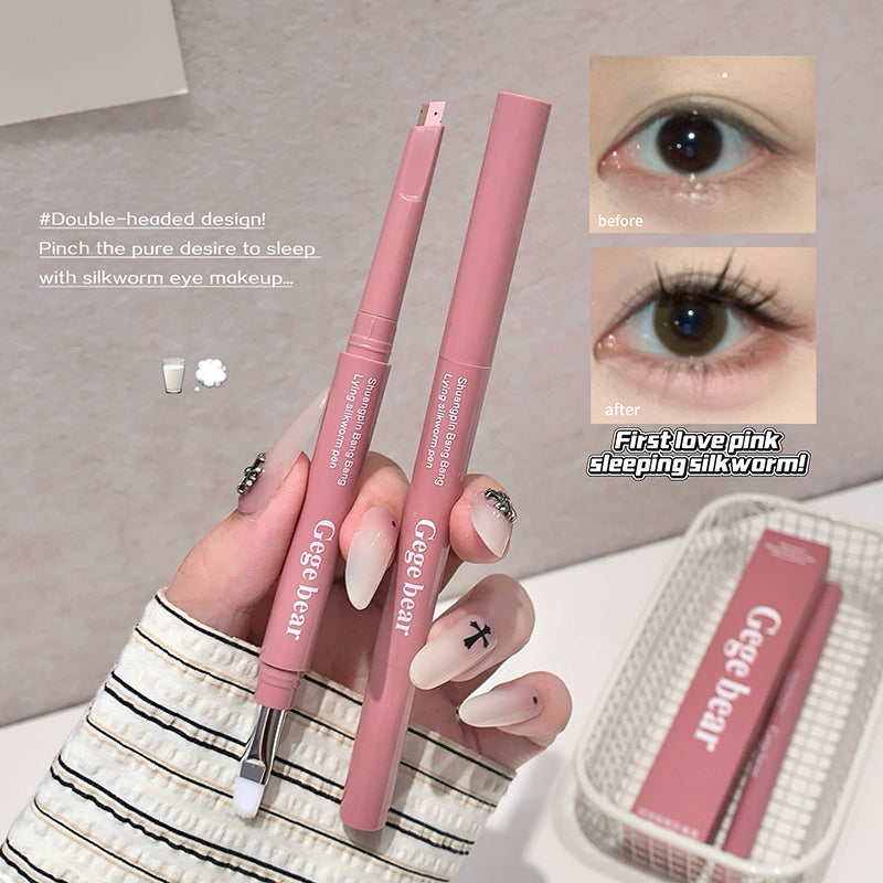 Pink eye makeup pencil with before and after effects on eyes, brand 'Cige bear' visible.