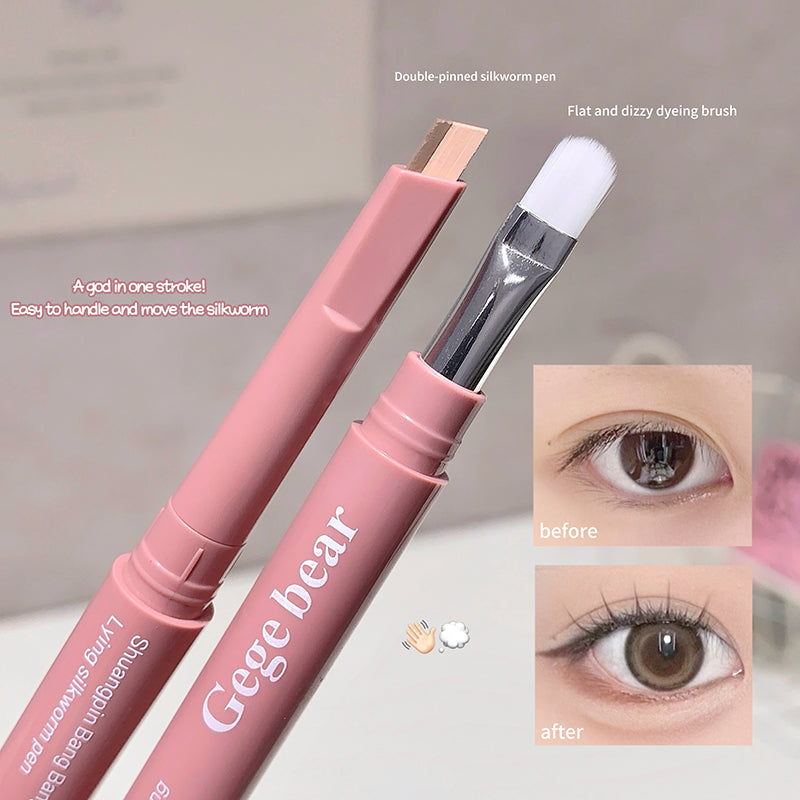 Pink makeup pen with brush and before/after effect on eye, branded 'Gege bear'.