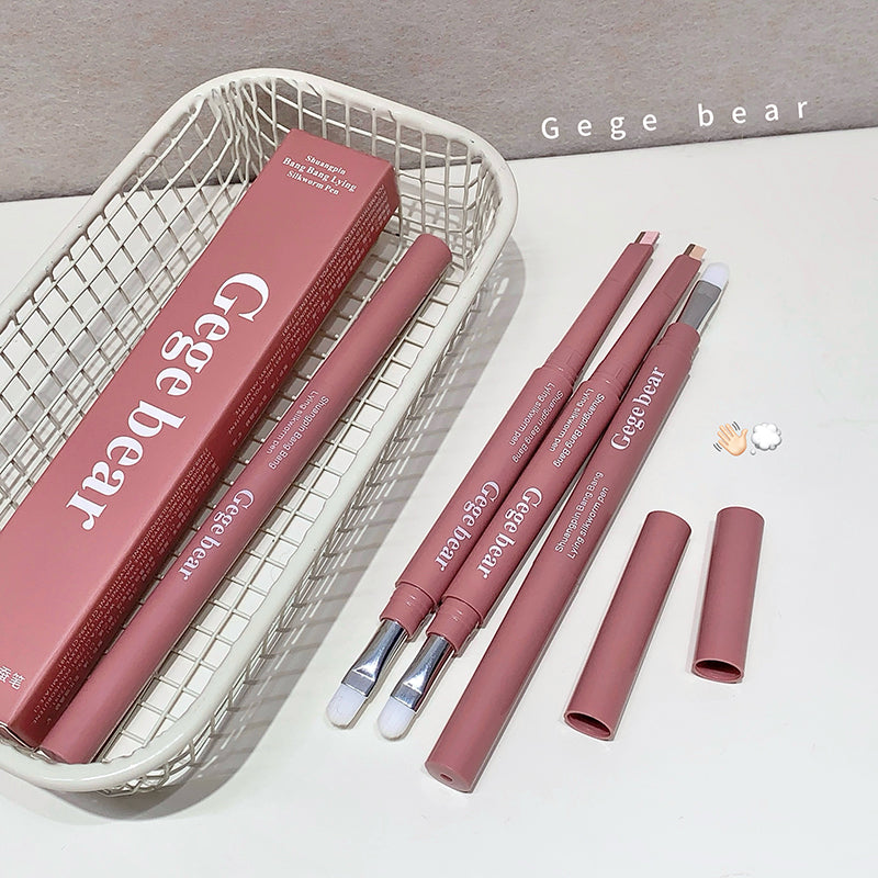 Pink lip liner set with packaging on a white surface, featuring 'Gege bear' branding.