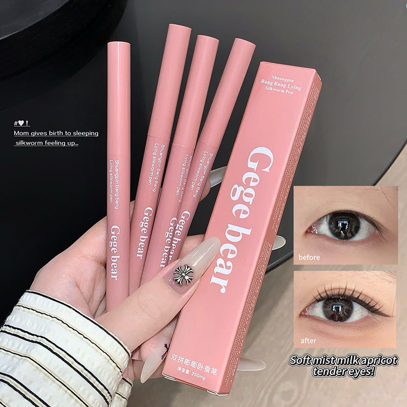 Pink eyeliner pencils with 'Gege bear' packaging held by a hand, with before and after eye makeup images.