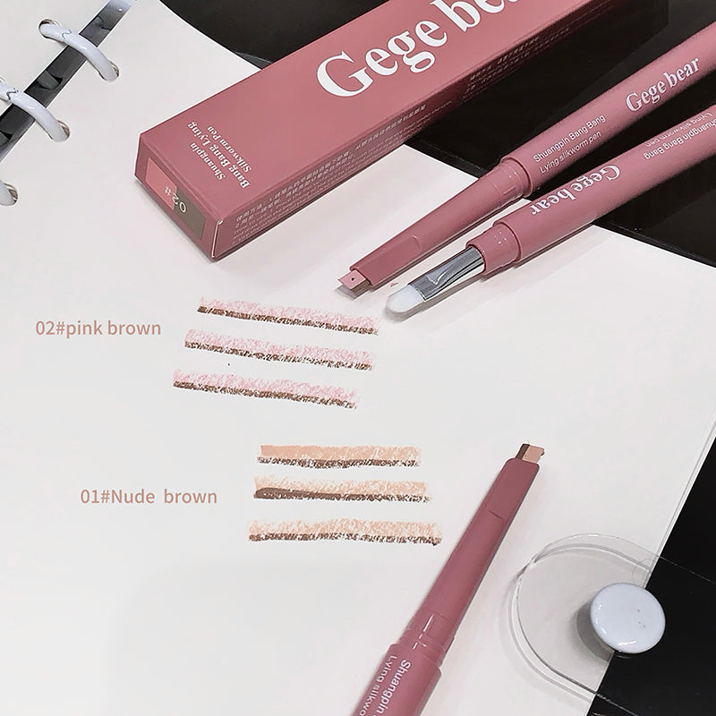 Pink eyebrow pencil with packaging and sample swatches on a white background