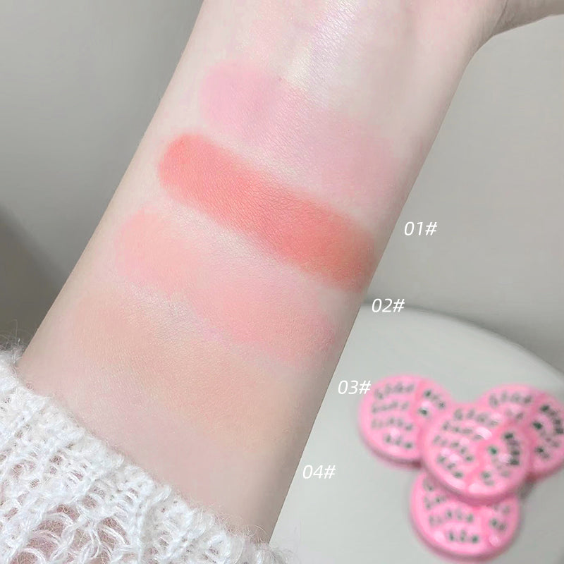 Color swatches of blush on a wrist with labeled shades.