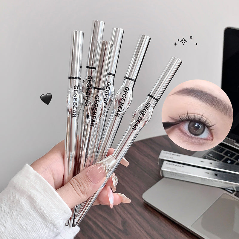 Hand holding multiple GEGER BEAR eyebrow pencils with a close-up of an eye wearing the product.